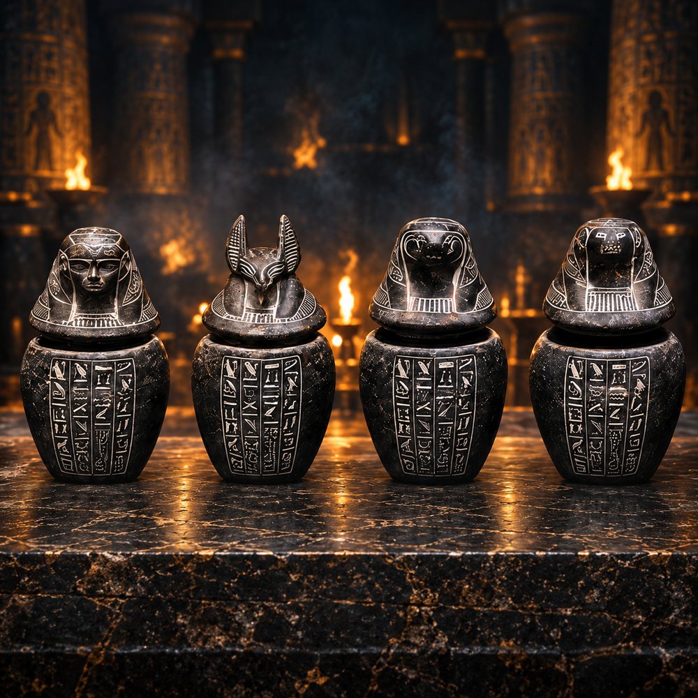 Cuatro vasos canopos egipcios con jeroglíficos, iluminados por antorchas