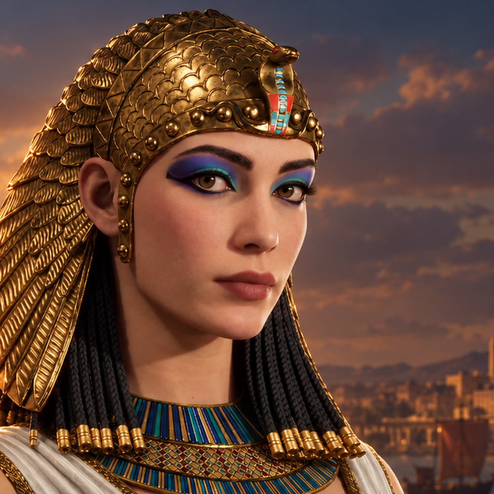 Portrait of Cleopatra in a golden headdress, Alexandria behind her