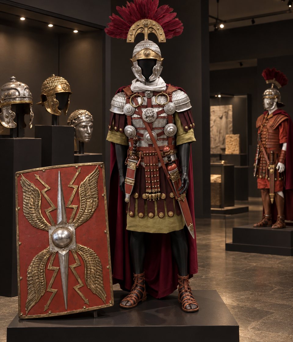 Armadura de centurión romano, escudo y cascos expuestos