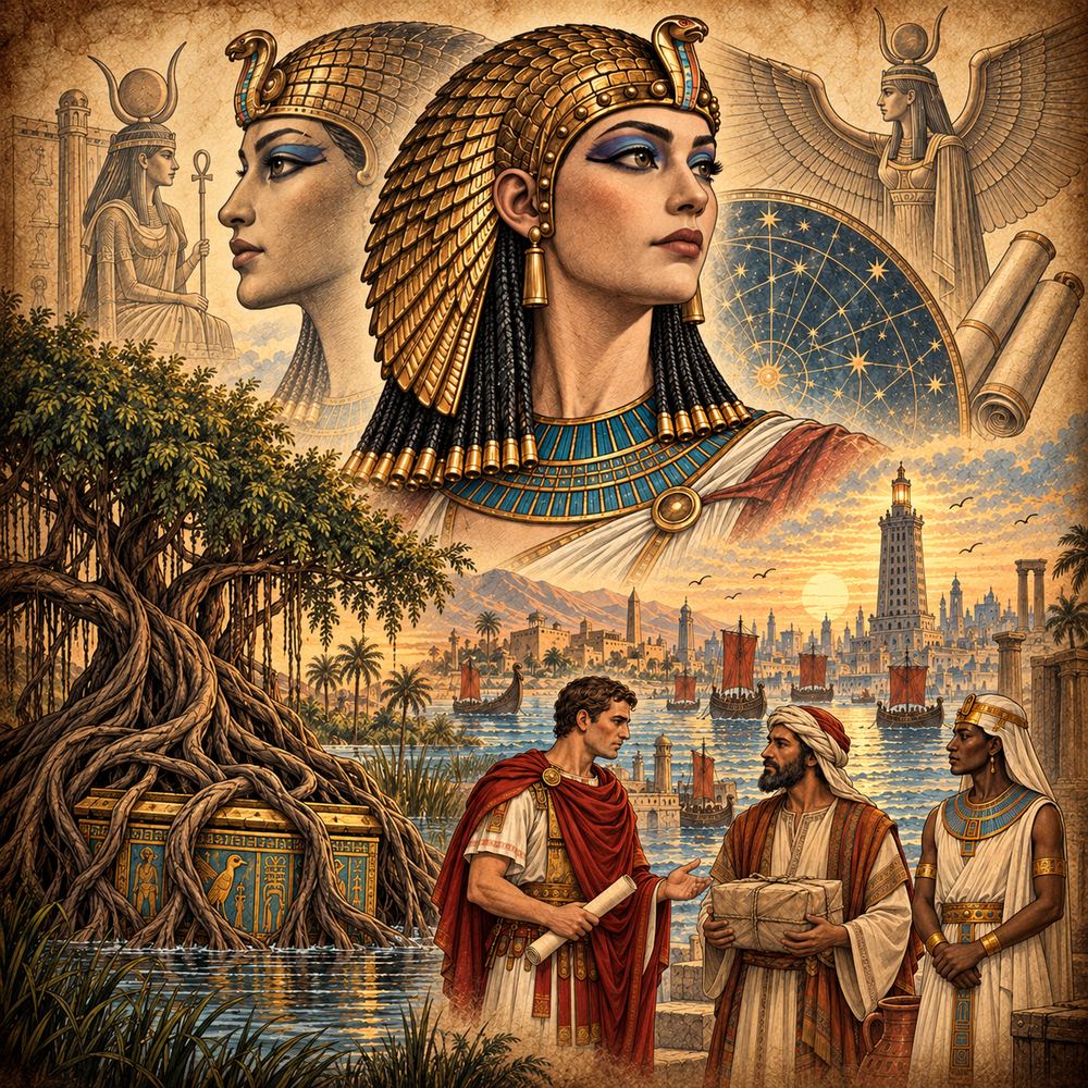 Ilustración de Cleopatra sobre Alejandría, su faro y su puerto