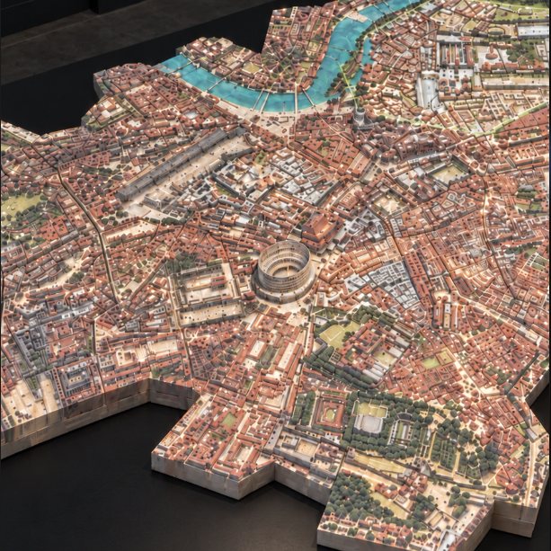 Maqueta detallada de la antigua Roma con el Coliseo y el Tíber