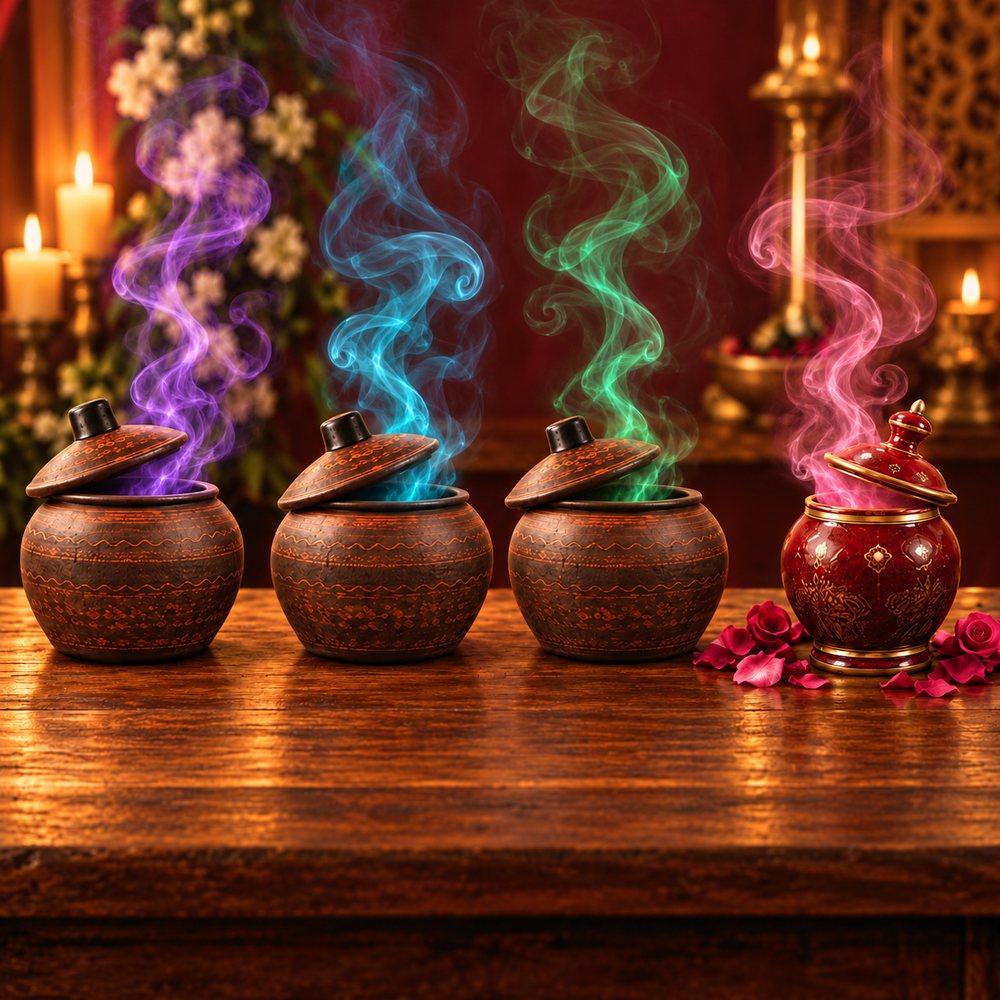 Vasijas de barro que desprenden humo aromático de colores sobre una mesa iluminada con velas