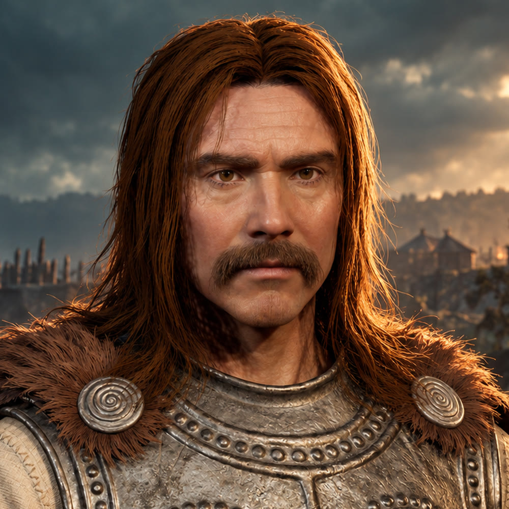 Portrait of Vercingetorix before a burning Gallic settlement